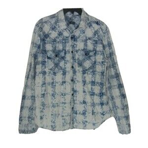 LAZER Womens BUTTON-UP SHIRT Size Medium Plaid Distressed Denim Look Long Sleeve